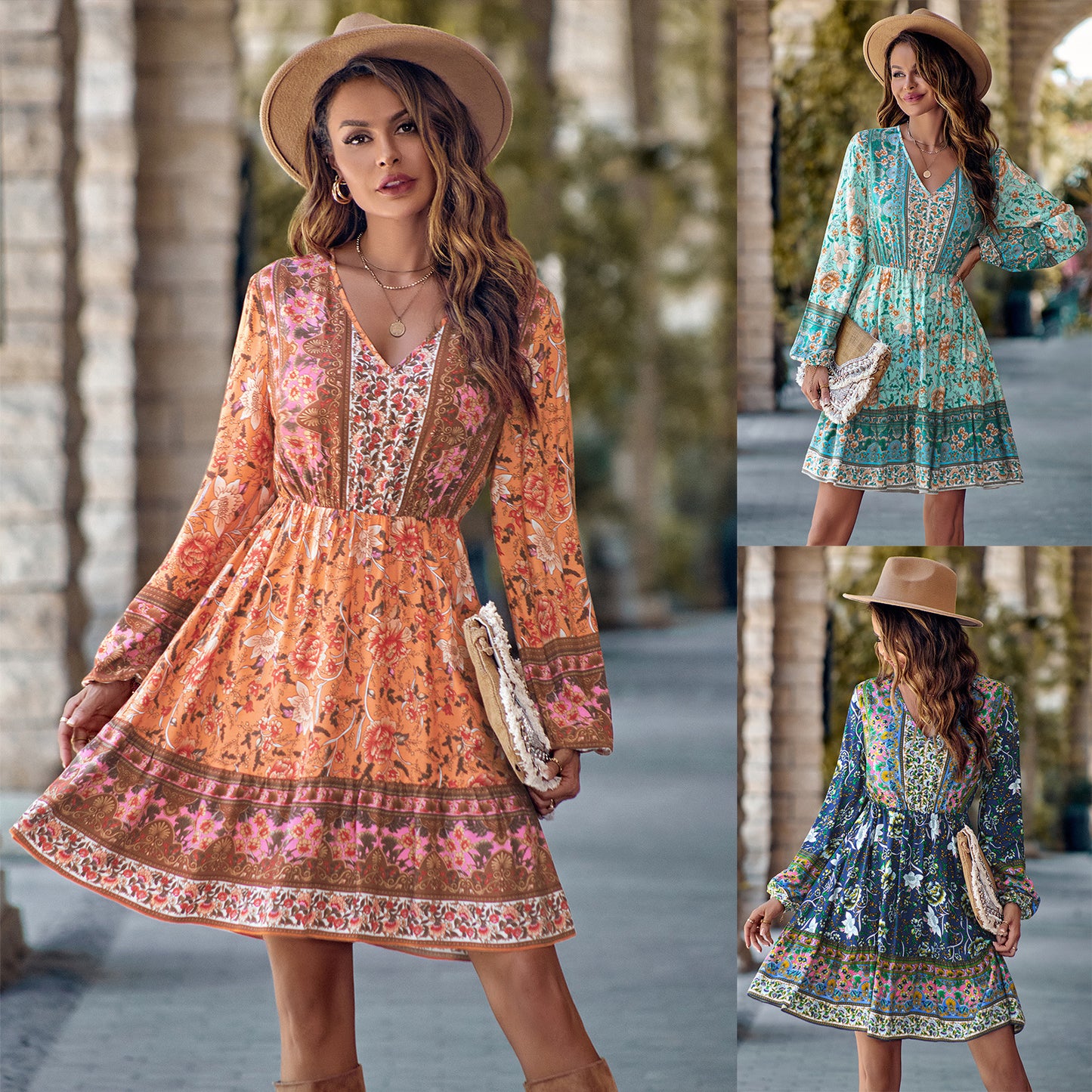 Robe Mi-Longue à Manches Longues et Taille Ajustée